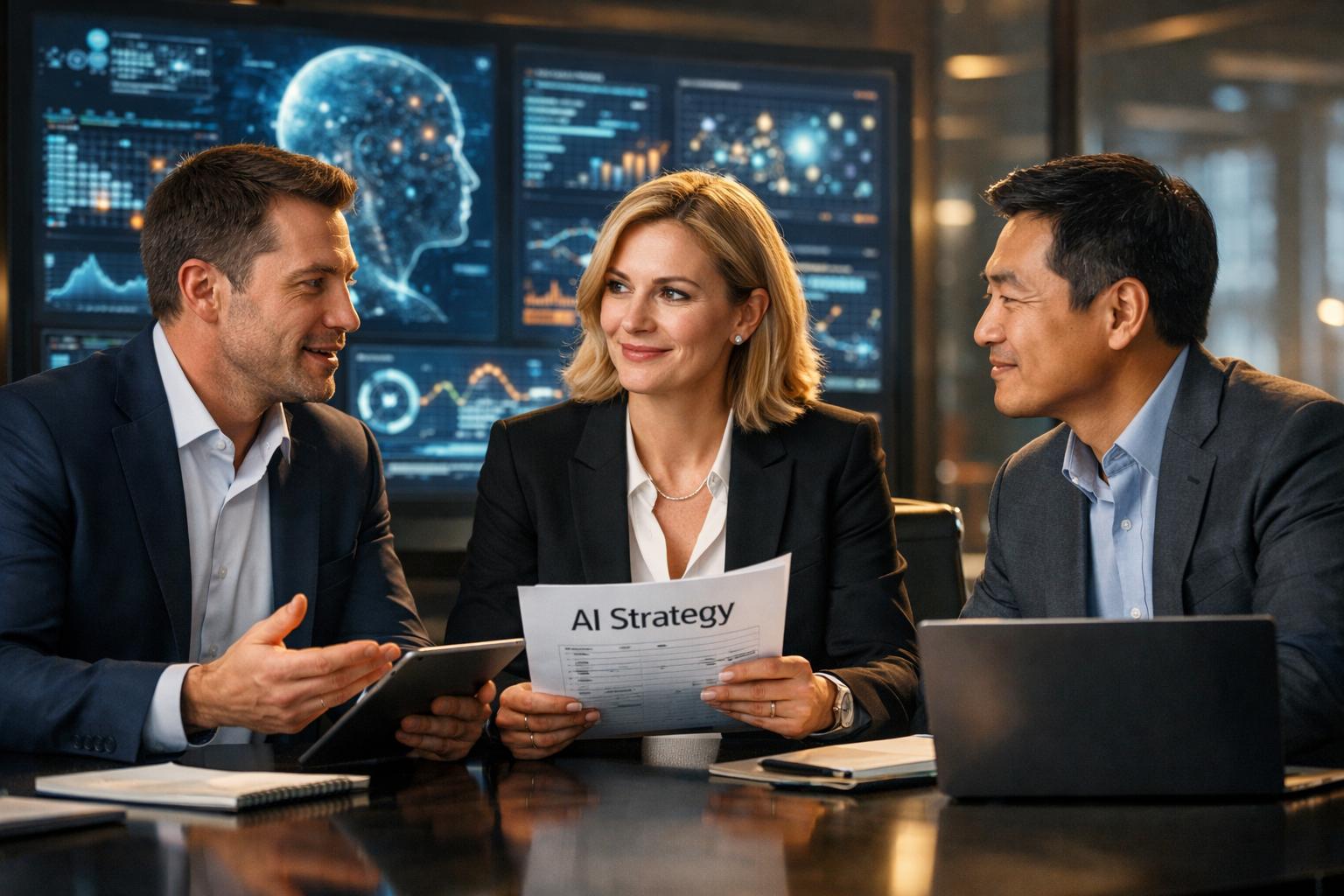 Confident business and AI leaders reviewing AI strategy in a premium office with glowing dashboards