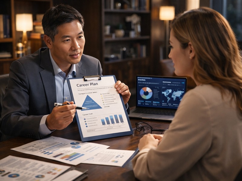 Career counseling session with a professional advisor and career planning materials