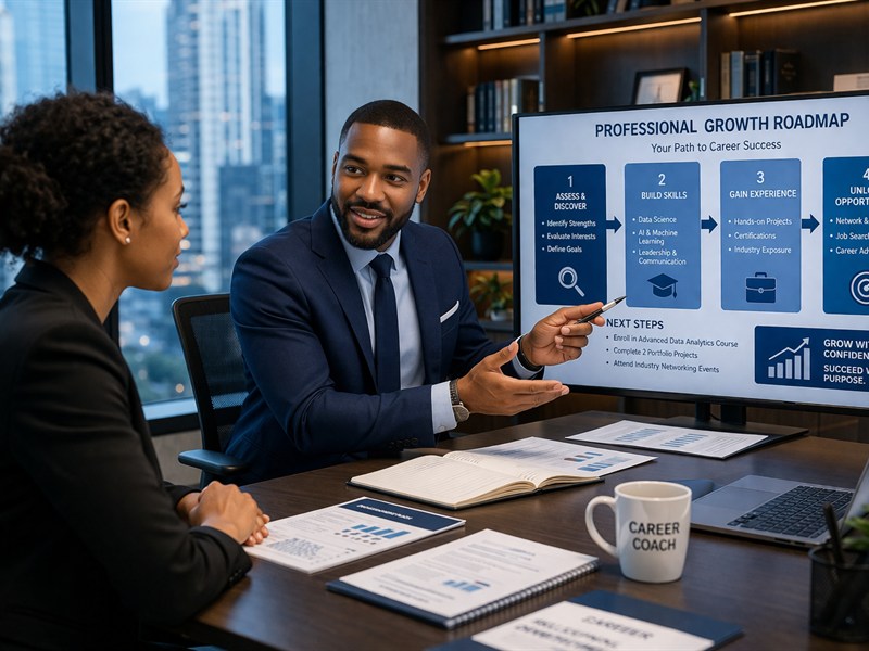 Career advisor presenting a professional growth roadmap to a client in a premium setting