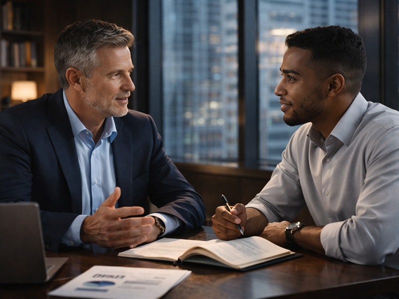 Mentorship session between industry leader and aspiring professional in a modern office