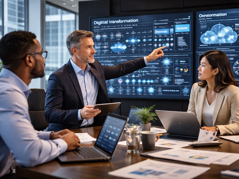 IT consultancy session with digital transformation and system improvement dashboards