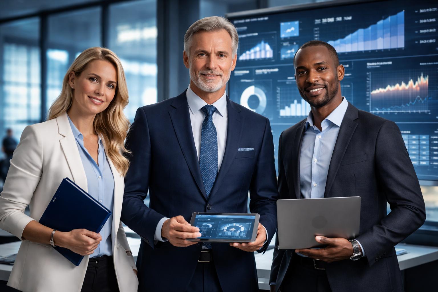 Executive analytics meeting with digital dashboards and business insights