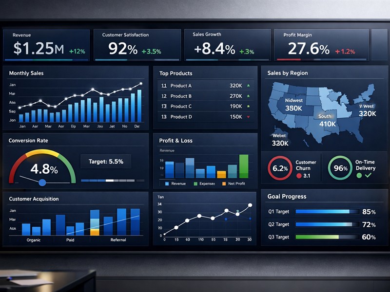 Modern KPI dashboard with charts and performance indicators