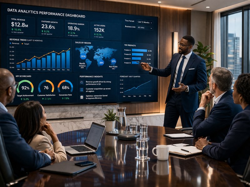 Analytics specialist presenting insights to business stakeholders