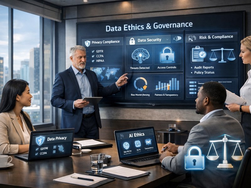 Secure data governance and ethical AI compliance visual in a corporate setting