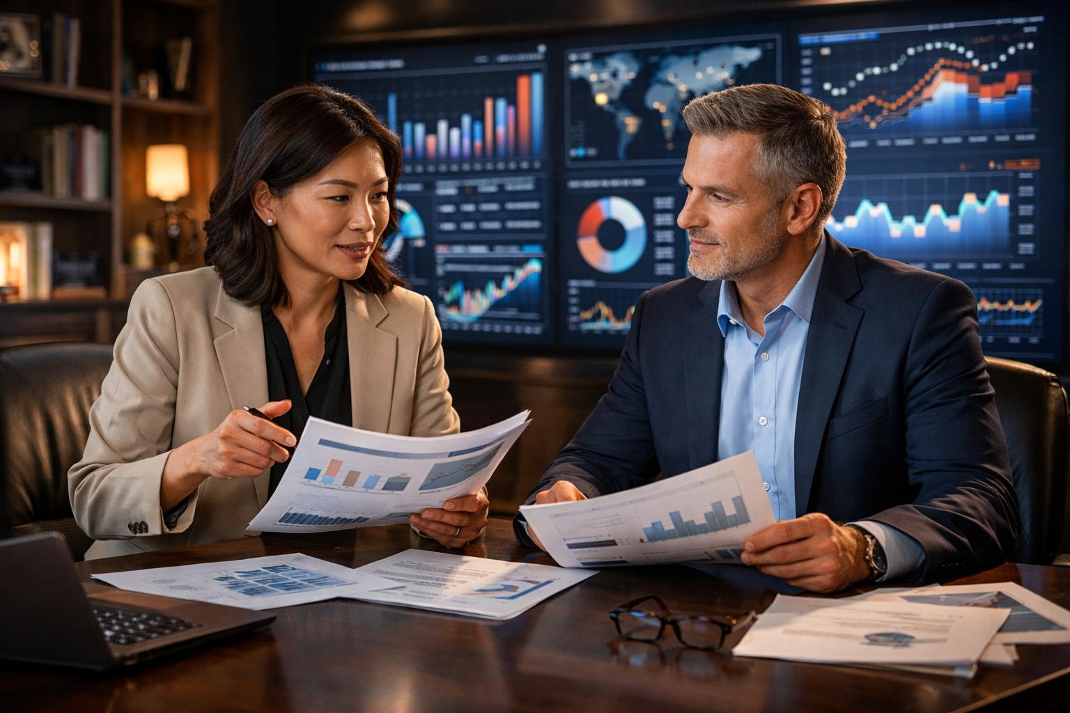 Confident research leaders reviewing reports and strategic findings in a premium office