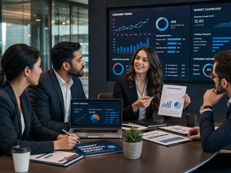 Market research team analyzing consumer trends and competitive data