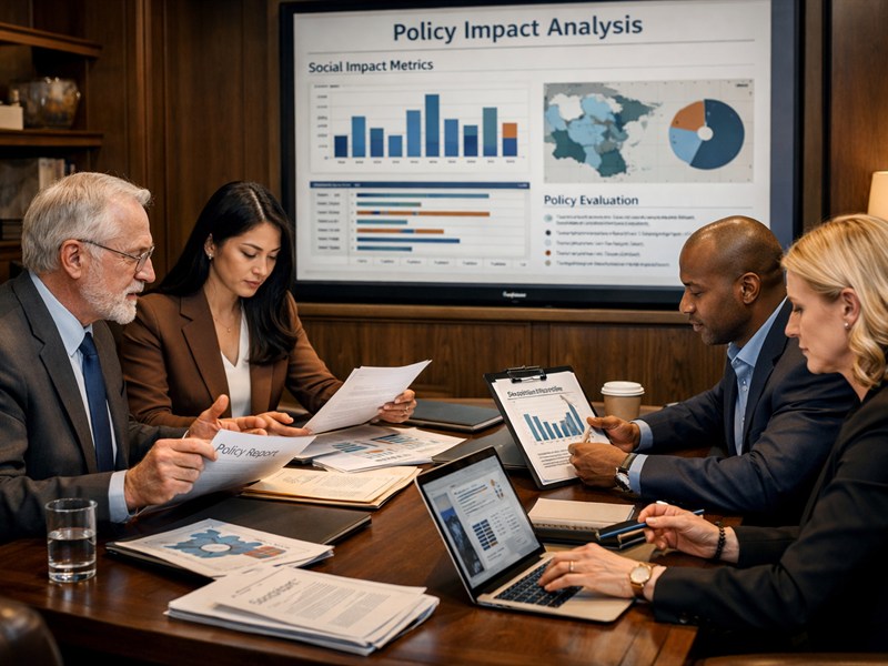 Policy research discussion with analysts evaluating social and organizational impact