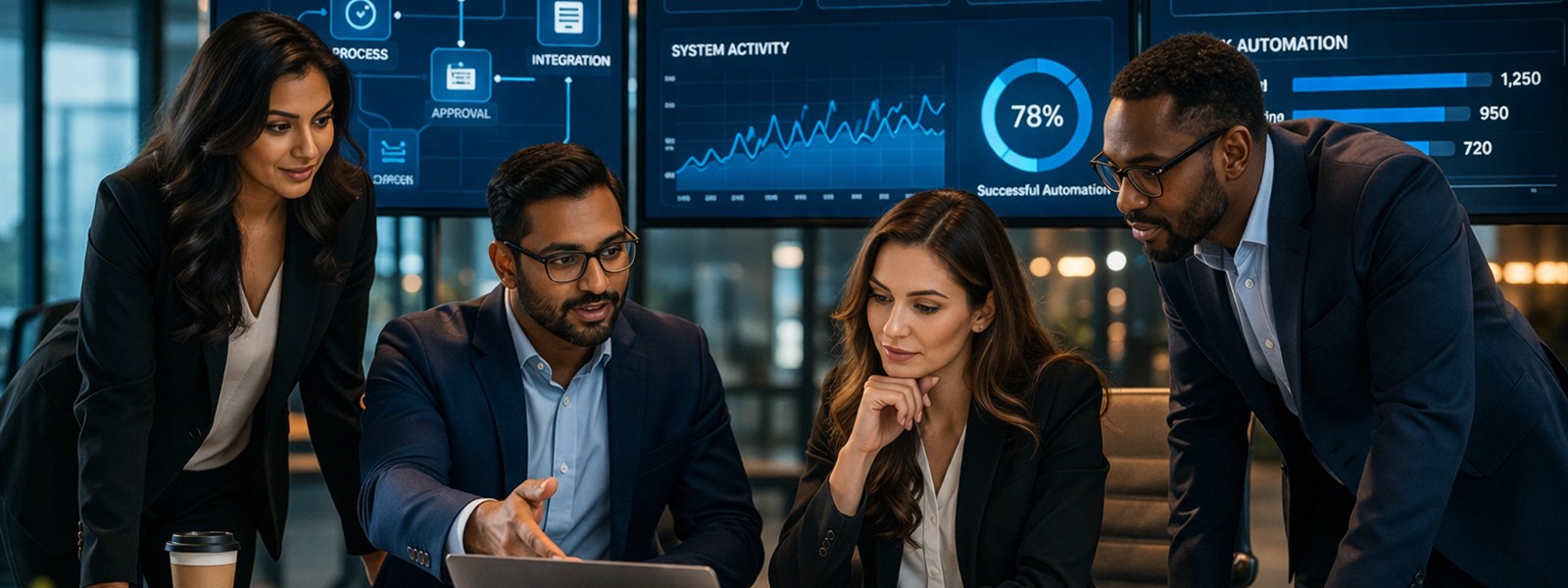 Confident automation leaders reviewing workflow strategy in a premium office with digital dashboards