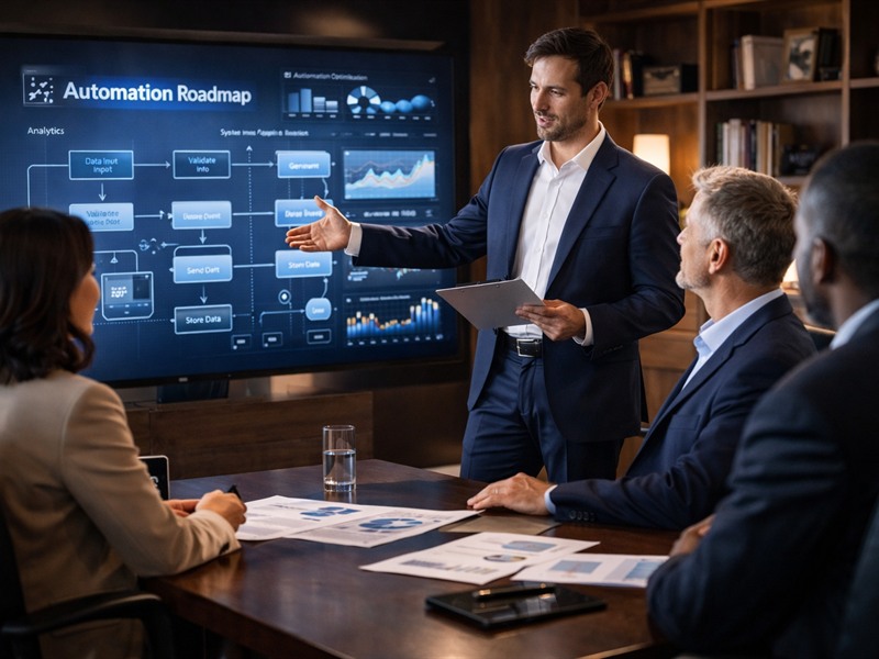 Automation consultant presenting workflow automation roadmap to business stakeholders