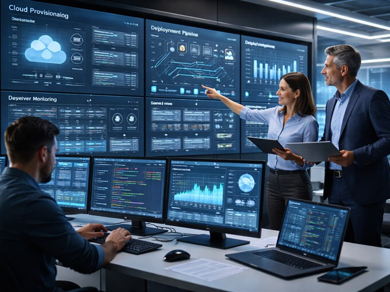 Infrastructure automation scene with cloud provisioning and deployment dashboards