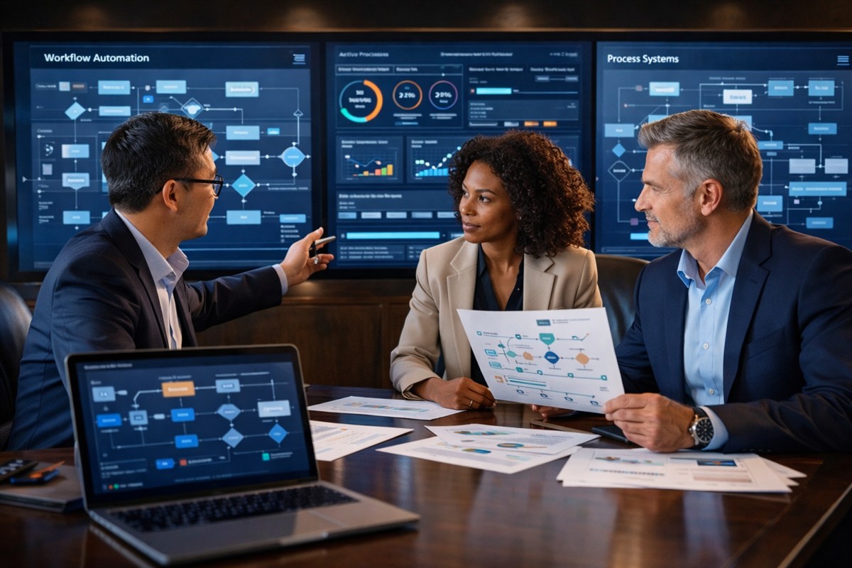 Automation specialists reviewing workflow systems and dashboards in a premium office