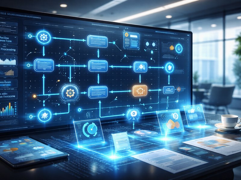 Process automation visual showing connected workflow steps and automated business tasks