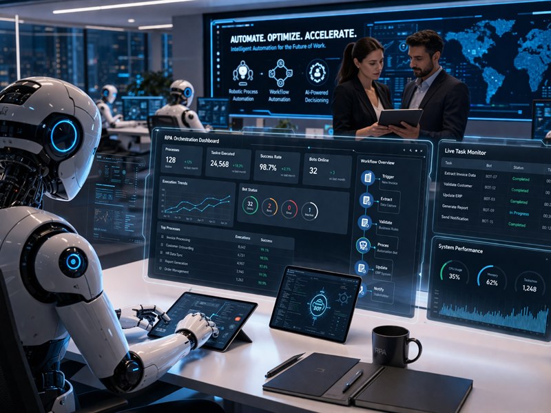 Robotic process automation dashboard with digital bots automating business operations