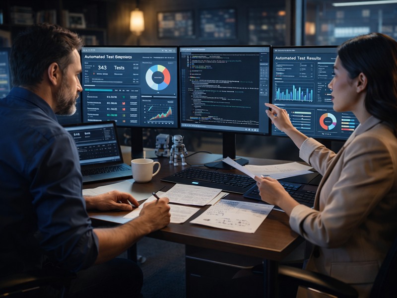 Testing automation environment with scripts, QA dashboards, and software validation tools